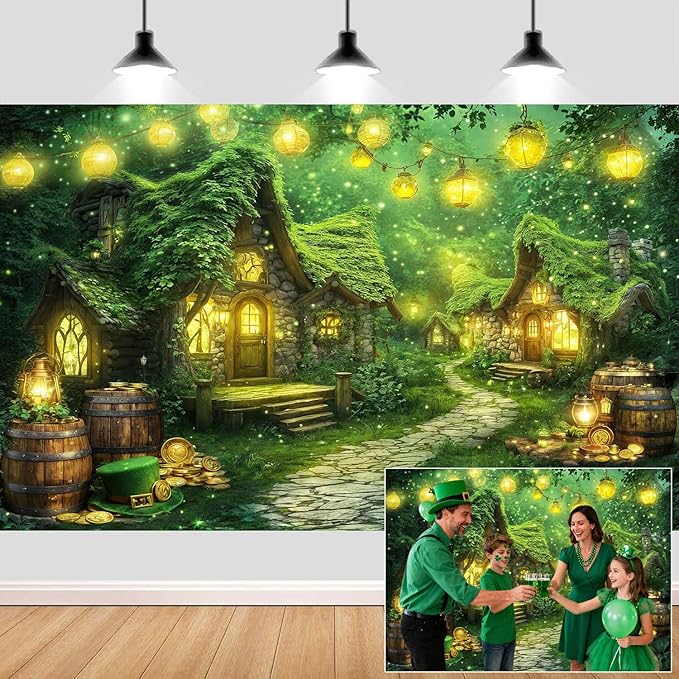 20X10ft St. Patrick's Day Backdrop Magic Enchanted Forest Green House Lucky Irish Shamrock Gold Coins Wonderland Photography Background for Kids Girls Party Decoration Cake Table Photo Booth Props