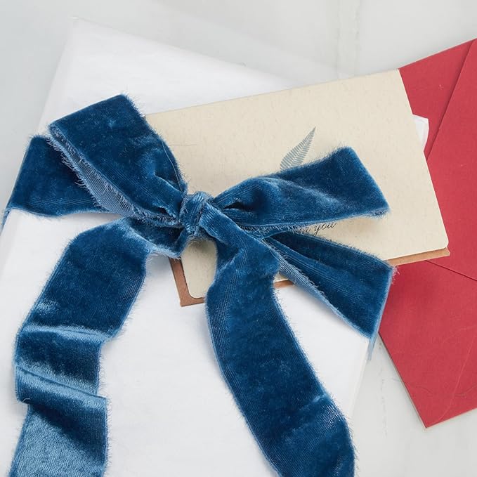 Dusty Blue Velvet Ribbon Handmade Fringe Fabric Ribbons for Crafts Flower Bouquet Wedding Decorations 2 Rolls 1 1/2 Inch x 2 Yd (4 Yards Total)