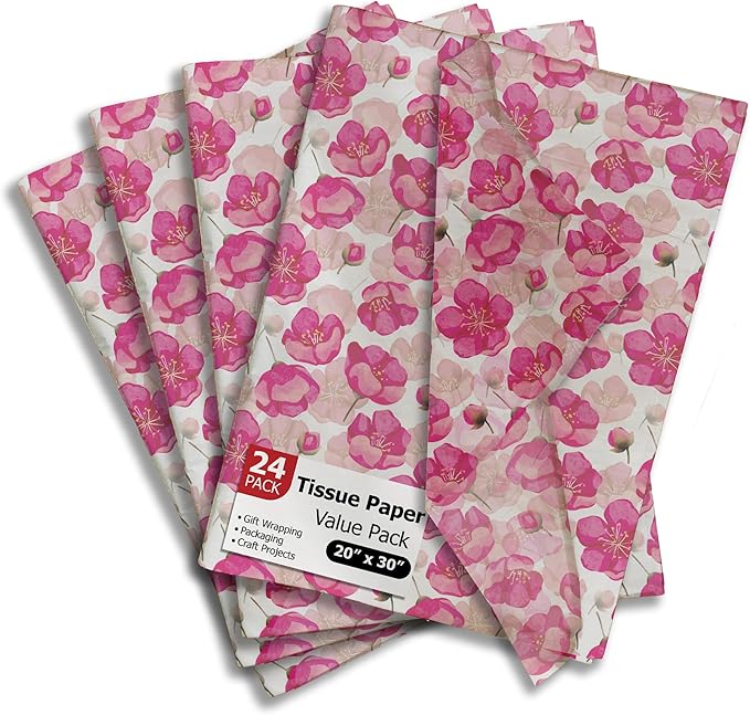 Pro Supply Global Pink Poppies Printed Tissue Paper for Valentine's Day Gift Bags or Boxes and Wrapping - Bulk Decorative Art Tissue Paper for Packaging and Gifting | 24 Sheets 20" x 30"