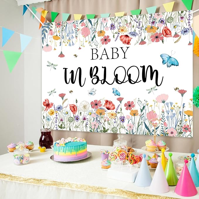 Baby in Bloom Backdrop 7x5ft, Floral Baby Shower Background for Girl, Spring Garden Theme Gender Reveal Party Decorations Banner, Wildflower Butterfly Baby Shower Photo Booth Photography