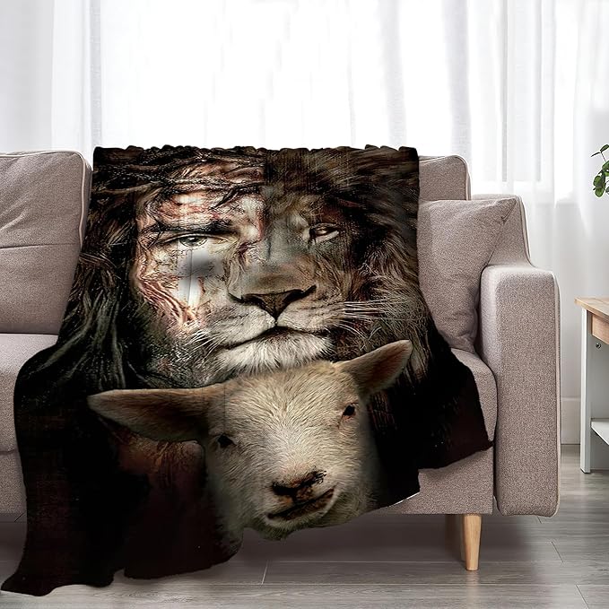 Christian Jesus Lion and Lamb Throw Blanket - Religious Gifts and Decor for Men Women Adults - Soft Warm Cozy Fleece for Couch Sofa Bed 60"x50"