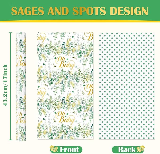 WERNNSAI Green Sage Wrapping Paper - 1 Roll 17”x 16.4 ft Baby Shower Wrapping Paper Green Flower Gift Packing Supply Wedding Bridal Shower Wrap Decor Favor for Baby Girls Birthday Festival Party