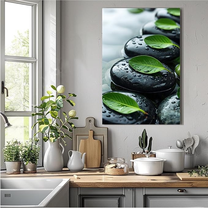 Glittering black stone cluster with fresh green leaves and water drops poster tranquil mist rain wall art zen wall art suitable for modern minimalist home decor 16x24in Wood Framed