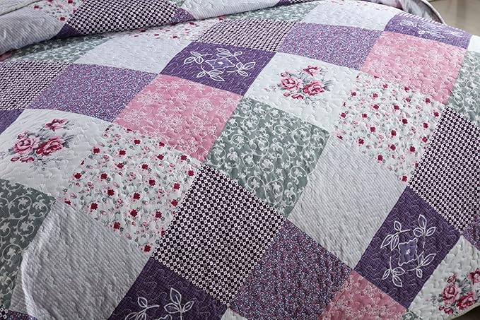 Travan Bedspread Quilt Set 3-Piece Lightweight Coverlet Set with Shams Reversible Quilted Bedding Set for All Season, Purple Floral, King Size