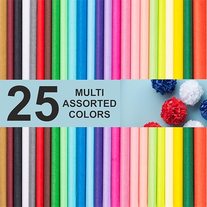 Tissue Paper for Gift Bags - Tissue Paper Bulk | 25 Colors 100 Sheets Colored 20x26 | Crafts, Wrapping, Packaging, Birthday, Holiday