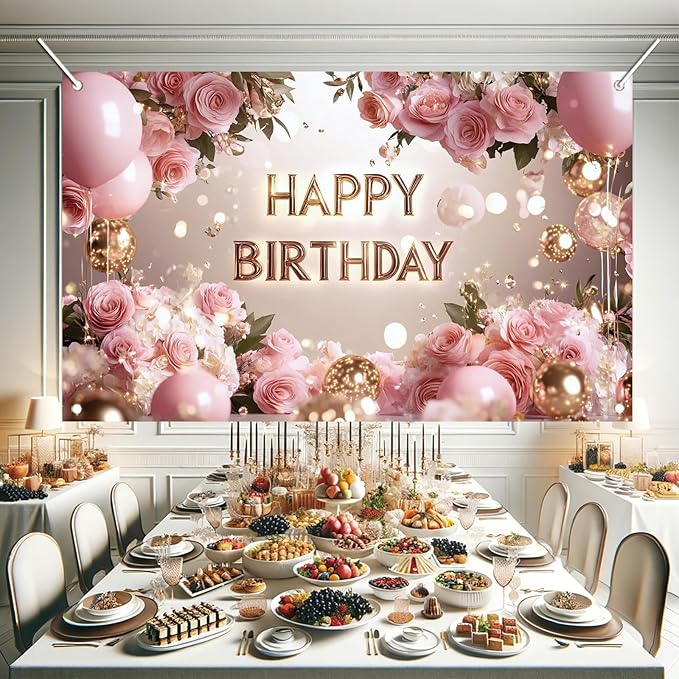 Pink Rose Happy Birthday Backdrop Banner Gold Letters Floral Photography Background Girls Birthday Party Decorations Elegant Party Supplies Photo Booth Props 71x43 Inch