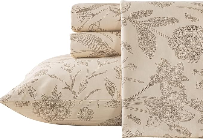 Zusbest King Size Sheets 100% Percale Cotton Beige Floral Bed Sheet Set, Brushed Extra Softness, Breathable Luxury Toile Flannel Sheets Like Khaki Flower Print Deep Pocket Bed Set 17.5'' 4 Pcs