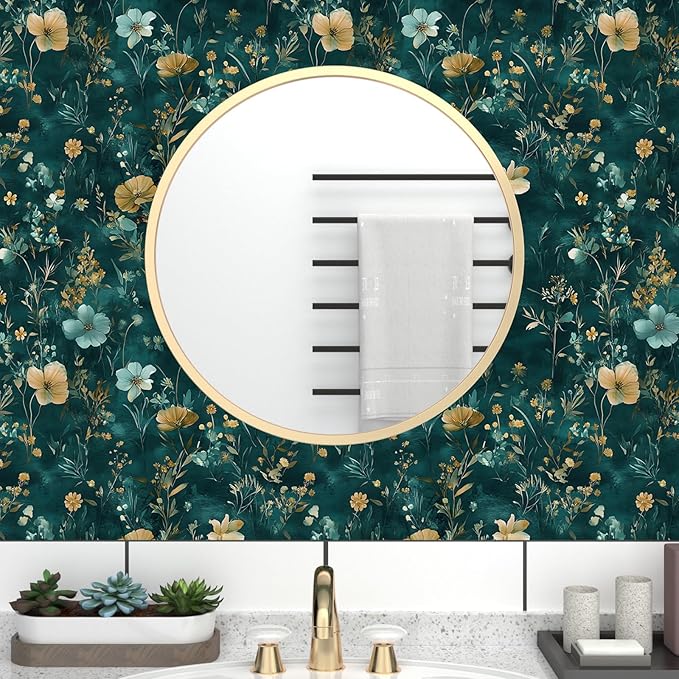Vintage Floral Peel and Stick Wallpaper Boho Wallpaper 17.5''x393'' Teal/Blue/Yellow Wildflowers Vinyl Contact Paper Waterproof Self Adhesive Modern Stick on Wall Paper for Bedroom Wall Table Cabinet