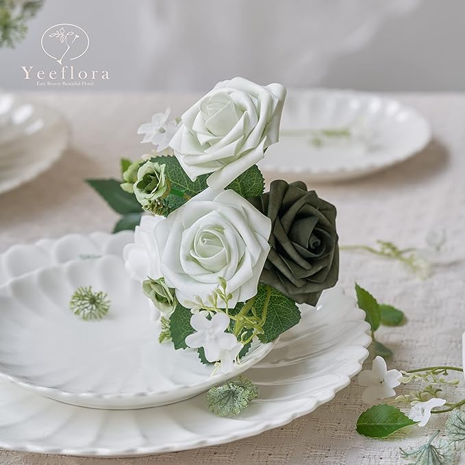 Artificial Flowers, 25pcs Artificial Rose for DIY Wedding Bouquets Centerpieces Arrangements, White Foam Rose with Stem for Bridal Shower Party Home Decorations