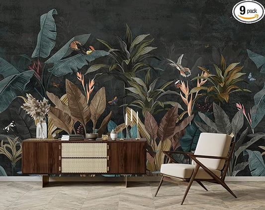 Tropical Botanical Wallpaper Dark Jungle Plant Leaf Wall Mural for Living Room Bedroom（Not Peel and Stick）