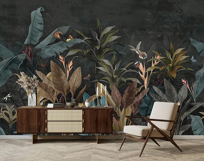 Dark Jungle Wallpaper Peel and Stick Tropical Plant Leaves Self Adhesive Mural for Living Room Bedroom 82"x57"