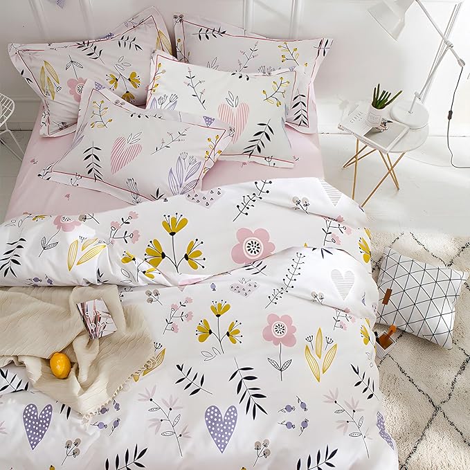 HighBuy Girl Comforter Sets King White Pink Floral Bedding Comforter Set King 3 Piece Flower Comforters Fluffy with 2 Pillowcases,Cottagecore Botanical Bedding Comforter Sets