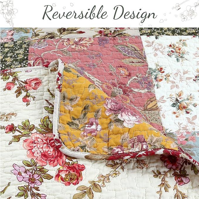 Cozy Line Home Fashions 100% Cotton Authentic Patchwork Quilt Bedding Set, Floral Vintage Antique Chic Reversible Coverlet Bedspread (Harvest, Queen - 3 Piece)