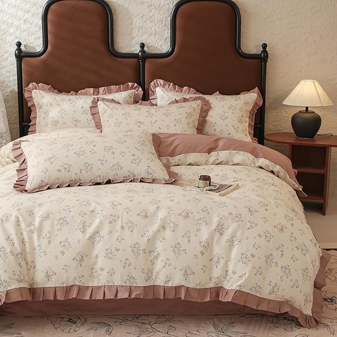 Ruffle Duvet Cover King 100% Cotton Vintage Floral Comforter Cover Aesthetic Rose Flower Duvet Cover Romantic Ruffle Comforter Cover Botanical Floral Bedding Lace Duvet Cover with 2 Pillowcases