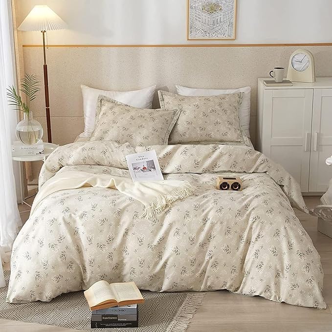 VM VOUGEMARKET Garden Daisy Flower Comforter Set Full Soft Microfiber Comforter Chic Floral Printed Bedding Set Vintage Botanical Comforter Set Beige 80x90 Inch