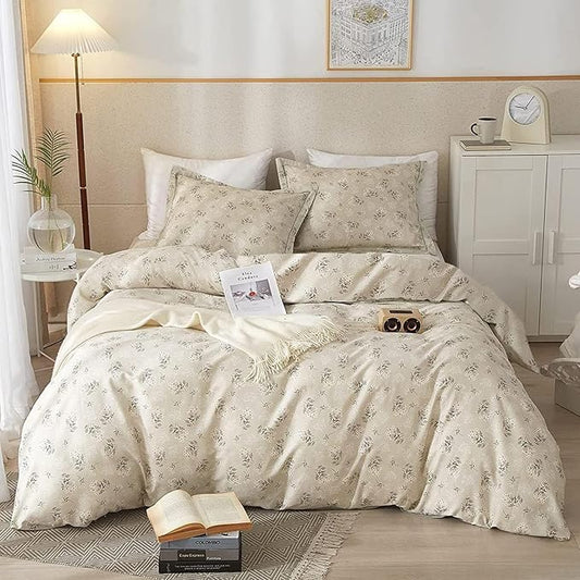 Beige Comforter Set Queen Garden Flower Comforter with 2 Pillow Shams Aesthetic Botanical Bedding Set Boho Floral Comforter Set 90x90 Inch