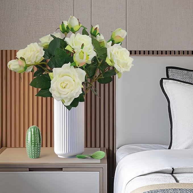 ATFL Ivory White Flowers, Ivory Roses,6 Pcs Faux Silk Real Touch Moisturizing Artificial Rose Flowers for Decoration DIY, Wedding Party, Home Office Decoration and Dining Table Centerpiece (6, White)