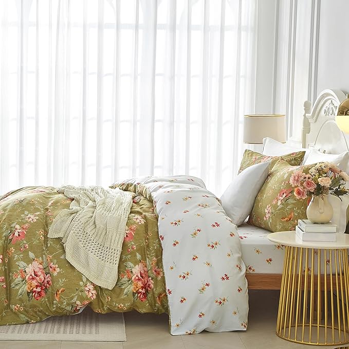 mixinni Duvet Cover Twin XL Size, Long Staple Cotton Reversible Floral Green Duvet Cover Set with Zipper Ties, 3 Pieces Botanical Pink Flowers and Green Branches Patterns Bedding Set