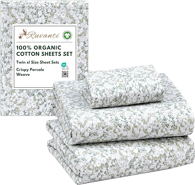 RUVANTI 100% Organic Cotton Sheets Twin XL, Percale Weave, GOTS Certified, 3-Piece Set, Deep Pocket 15", Crisp & Breathable, Soft Durable Bedding, Sábanas Algodón Orgánico – Floral Rush