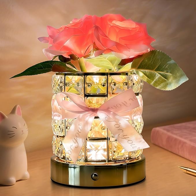 Rose Flower Lamp,Rechargeable Cordless LED Touch Table Lamp,3 Color Infinitely Dimming Bedside Lamps,Small Night Light for Living Room Bedroom Home Decor,Birthday Gifts for Women Mom (Rose)