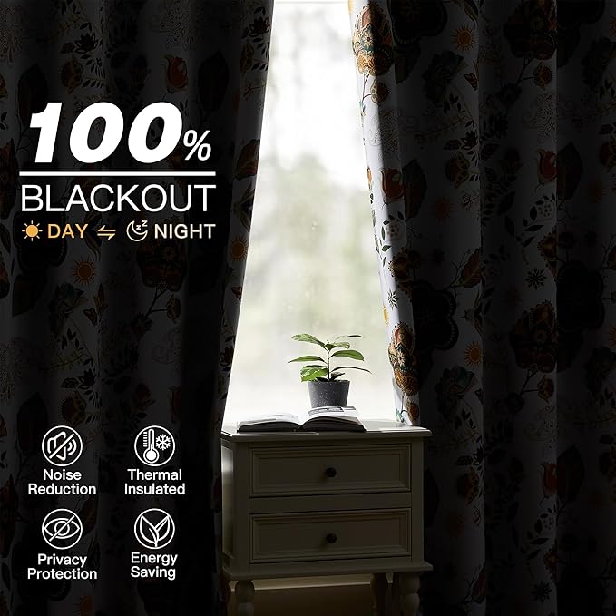 White Vintage Fancy Floral Patterned Blackout Curtains 63 Inch Length Shabby Chic Farmhouse Curtains for Bedroom Living Room Darkening Mid Century Colorful Grommet Black Out Drapes 2 Panels 52x63