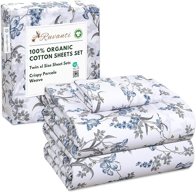 RUVANTI 100% Organic Cotton Sheets Twin XL, Percale Weave, GOTS Certified, 3-Piece Set, Deep Pocket 15", Crisp & Breathable, Soft Durable Bedding, Sábanas Algodón Orgánico – Deluxe