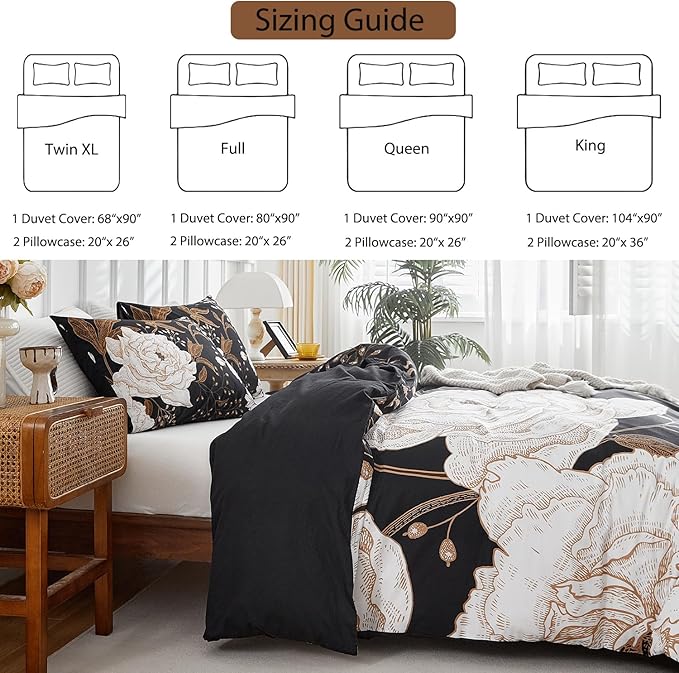mixinni Floral Duvet Cover Queen Size, 3 Pieces White Flowers and Gold Leaves Printed on Black Bedding Set, Soft Premium Cotton Reversible Elegant Floral Duvet Cover Set for All Season-Queen Size