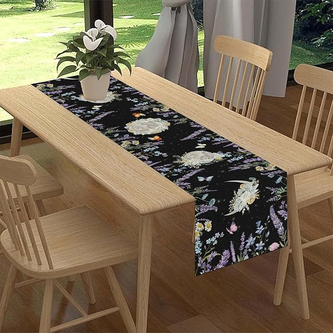 Boho Floral Table Runner, Spring Gothic Moon Phase Wildflower Mystical Witchy Farmhouse Coffee Table Center Decor for Home Kitchen Dining Patio Holiday Party Table Decorations 13x36 inches