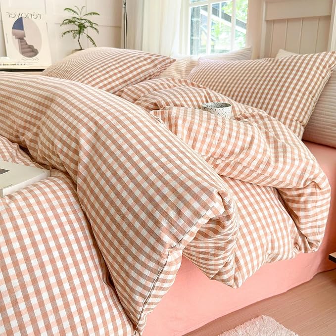 LifeTB Pink Gingham Comforter Set King Modern Style Pink Plaid Comforter Set Fluffy 3 Pieces Grid Checkered Pattern Boho Comforter with 2 Pillowcases Farmhouse Gingham Plaid Bedding Set King