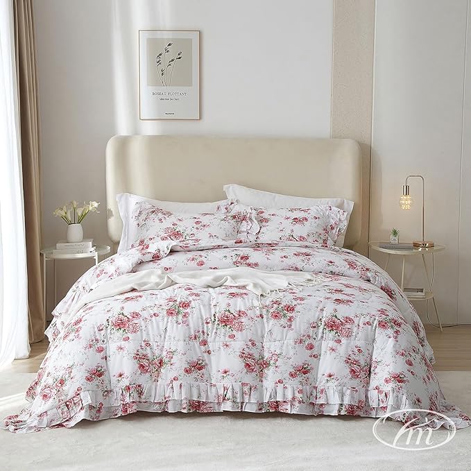 Ruffle Comforter Set Full Pink Red Floral Comforter Princess Lace Floral Bedding Set Soft Microfiber Botanical Bedding Comforter Set 1 Flower Ruffled Comforter with 2 Pillowcases for Teen Girls