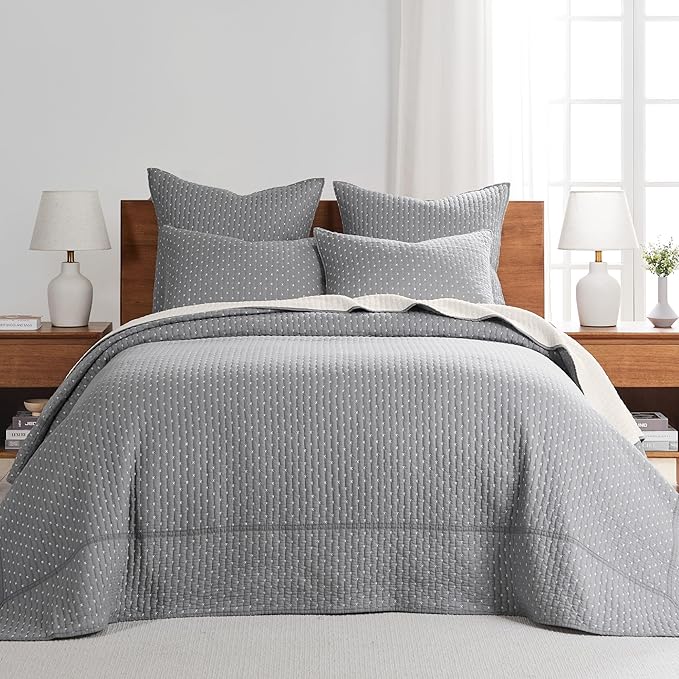 Levtex Home Cross Stitch Reversible King Bedspread Set (120x104in) with 2 Pillow Shams (36x20in) - Stitch Texture - Grey and White - Cotton King Size Bedspread Set - Soft, Pre-Washed