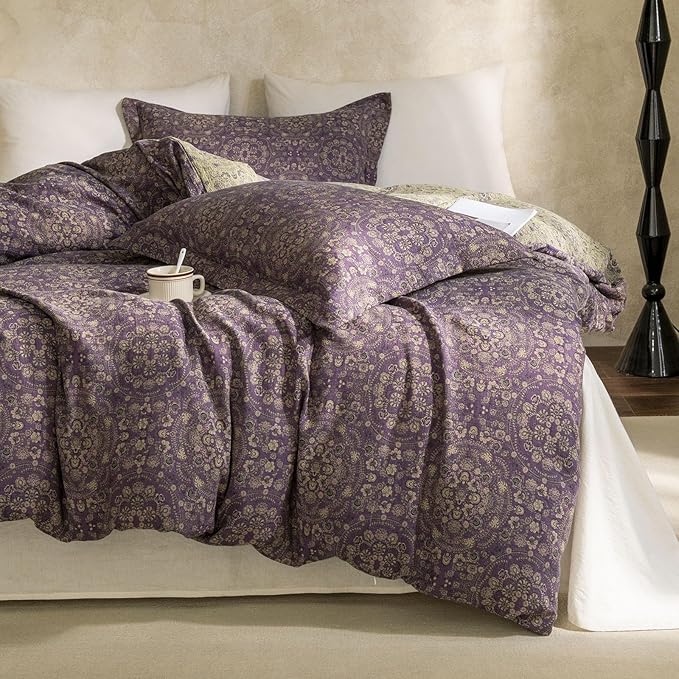 LifeTB Jacquard Retro Flower Duvet Cover Twin Purple Green Floral Duvet Cover Set Jacquard Yarn-Dyed Cotton Boho Medallion Bedding Set Reversible Retro Flower Comforter Cover with Zipper Closure