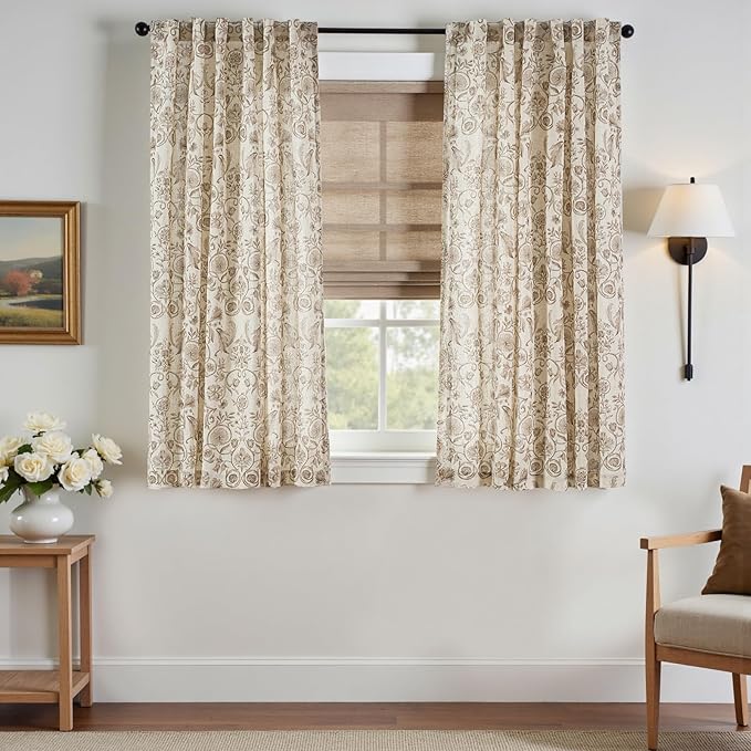 jinchan Linen Floral Curtains for Living Room with Printed Flower 63 Inches Long Light Filtering Farmhouse Window Treatment Vintage Short Drapes Back Tab Rod Pocket 2 Panels Taupe on Beige