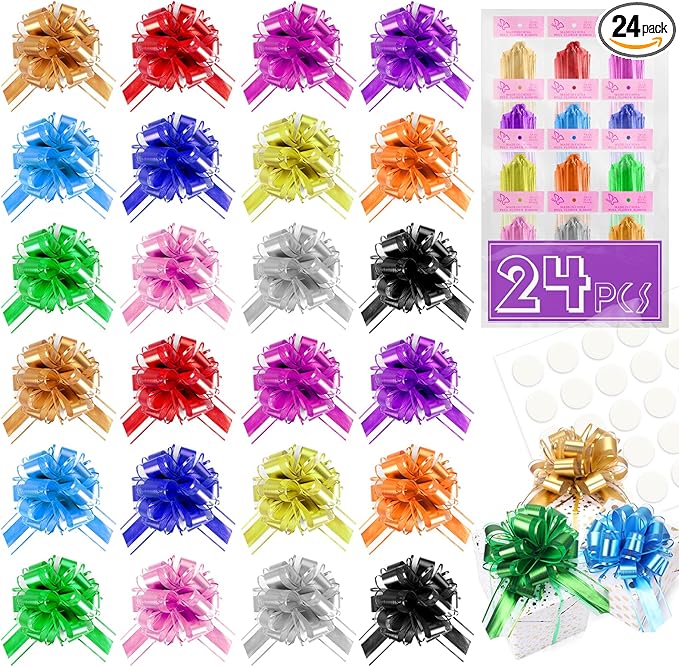 24PCS 6 Inch Large Pull Bows,12 Colors Bow for Gift Wrapping,Party Gift Wedding Ribbon Bows for Wrapping Boxes or Flower Decorations,Perfect for Christmas Valentine's Day Decoration Bow