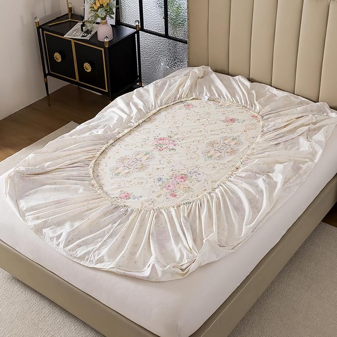 FADFAY 100% Cotton Pink Rose Floral 4-Piece Full Bed Sheet Set, Soft Breathable Cooling Sheets with Deep Pocket Fitted Sheet, Flat Sheet & Pillowcases, All Season Romantic Vintage Bedding