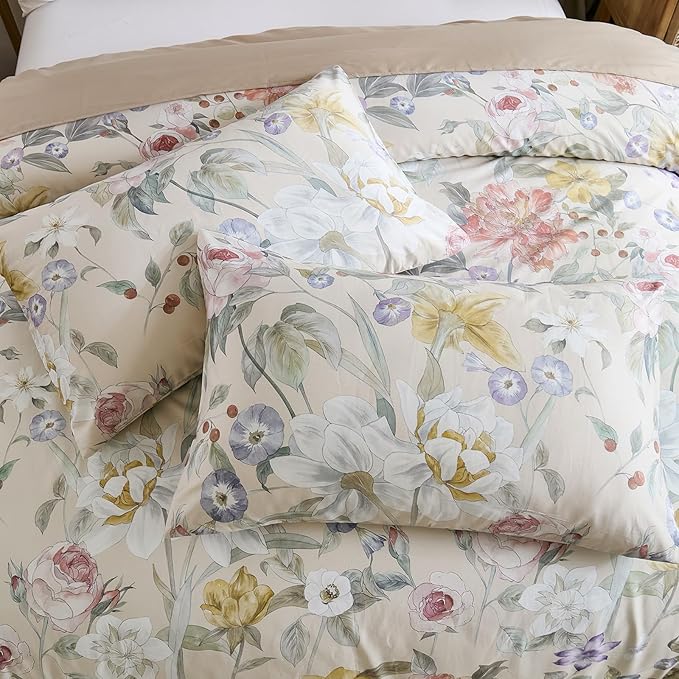100% Cotton Duvet Cover Queen Size – Blooming Garden Duvet Cover Set with Zipper Closure & Corner Ties, 3-Piece Silky Soft & Breathable Pastel Floral Bedding Set for All Seasons