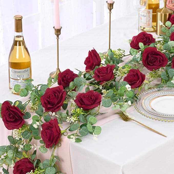 Dolicer 4Pcs 26Ft Artificial Eucalyptus Garlands with Flowers - 8 Roses, Faux Floral Greenery Garlands Fake Flowers Vines for Wedding Table Centerpieces Arch Party Ceremony Backdrop Decor (Red)