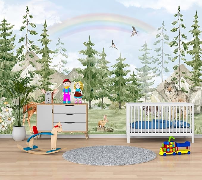 Forest Animals Kids Wallpaper Peel and Stick Nursery Pine Tree Self Adhesive Wall Mural for Children's Room Bedroom 137"x100"