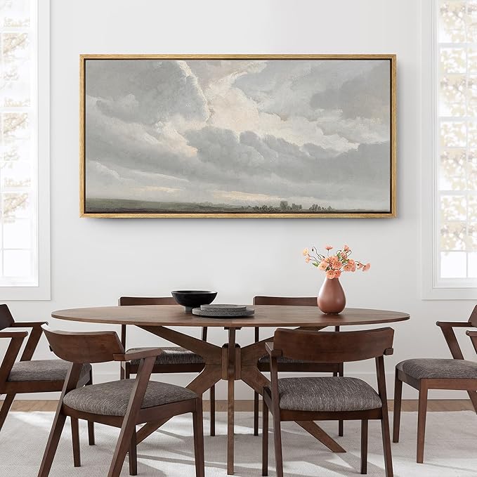 SIGNFORD Extra Large Framed Canvas Print Wall Art Expansive Cloudy Sky Over Landscape Soft Neutral Horizon Scene Illustrations Modern Art Relax/Calm Warm for Living Room, Bedroom, Office - 60"x30"
