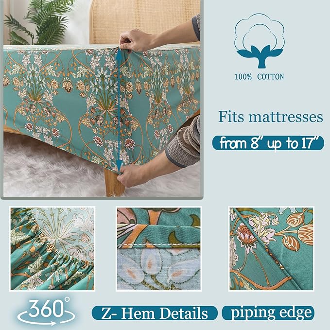 Zusbest Teal Floral Sheets Boho Queen Bed Sheets Set 100% Cotton Percale Shabby Vintage Blue Orange American Style Bedding Luxury Soft Breathable Crisp Bed Deep Pocket Fitted Sheet 4 Piece