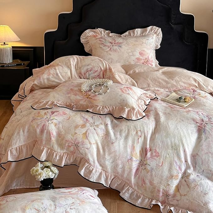 HighBuy Pink Floral Linen Duvet Cover Twin XL,Ruffle Floral Bedding Set for Girl College,Muslin Yarn-Dyed Comforter Cover with Zipper for Hot Sleepers,Breathable & Fade-Resistant All Season