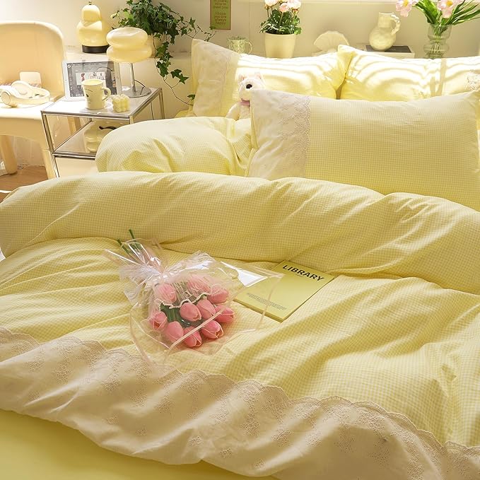 LifeTB Yellow Gingham Duvet Cover Twin XL 3 Pieces Romantic Lace Comforter Cover Super Soft Cream Yellow Grid Duvet Cover Farmhouse Plaid Checkered Comforter Cover Grid Gingham Bedding Set