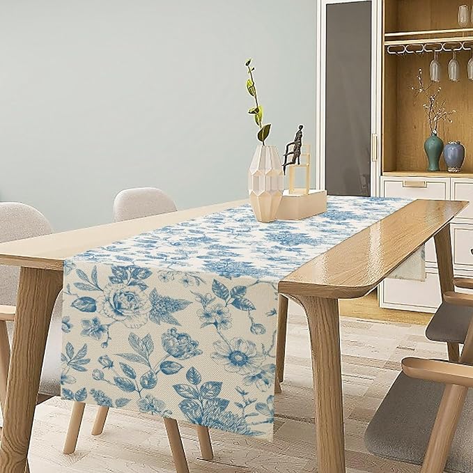 Blue Floral Table Runner, Spring Summer Sketch Wildflower Vintage Country Farmhouse Coffee Table Center Decor for Home Kitchen Dining Patio Holiday Party Table Decorations 13x72 inches