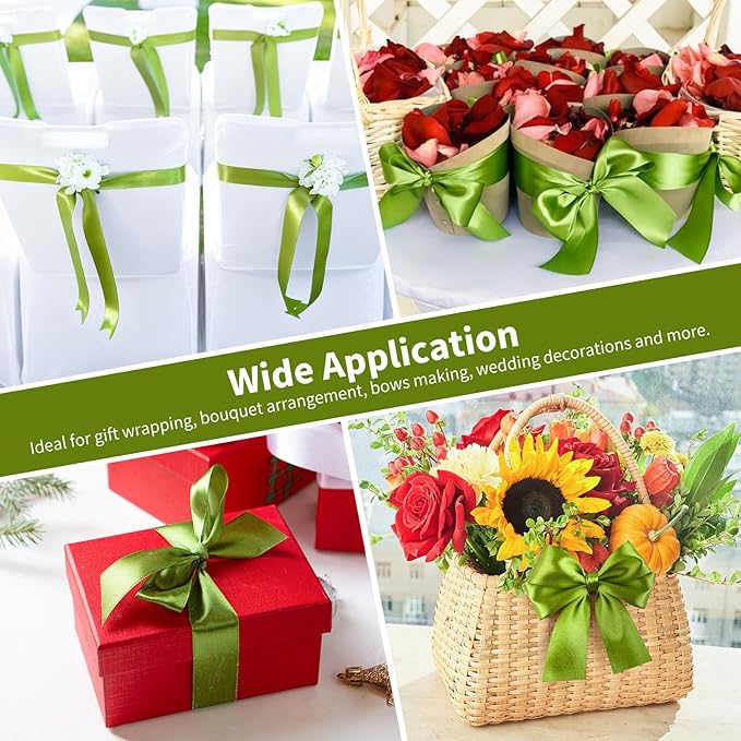 1-1/2 Inch Wide Olive Green Satin Ribbon, 50 Yards Solid Polyester Fabric Ribbon for Roses Making, Gift Wrapping, Christmas, Wedding Decorations, Crafts, Bows, Flower Bouquets
