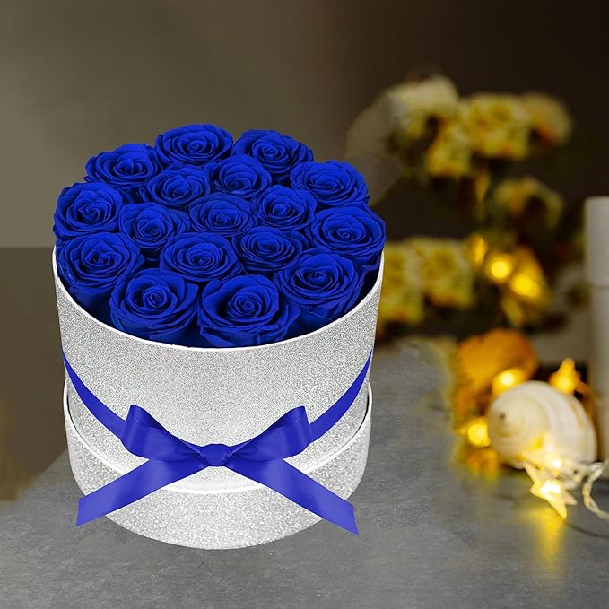 17 Blue Flowers in Glitter Box, Birthday Gifts for Women, Preserved Flowers, Mothers Day Roses Gift for Mom