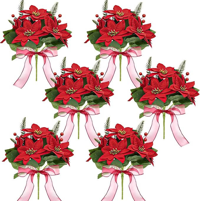 Poinsettia Christmas Decorations 6 Pack 7 Heads Artificial Poinsettia Flowers Bouquet 14 Inch Velvet Poinsettia Picks With Red Berry Stems Holly Leaves for Christmas Tree Vase Porch Home Garden Decor