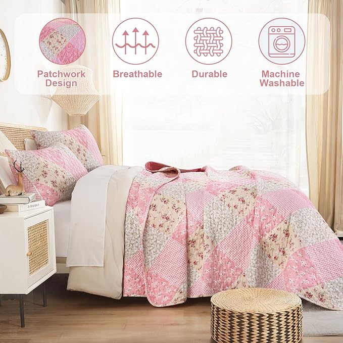 Dinjoy Pink Quilt Set Queen Size, Reversible Floral Plaid Patchwork Pattern Bedding Set Soft Microfiber Lightweight Bedspread Coverlet 3 Piece Spring Summer Use (90x96 inches)
