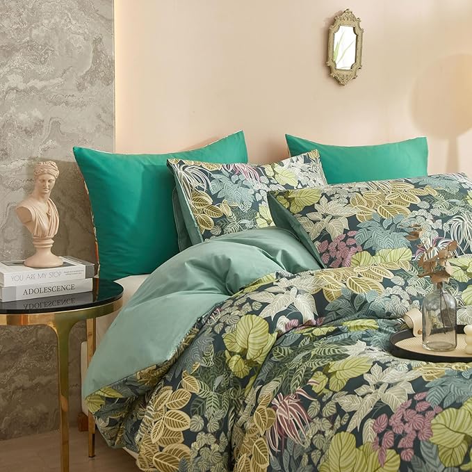 EAVD Tropical Leaves Duvet Cover Twin XL Soft Cotton Chic Shabby Leaf Pattern Bedding Set with 2 Pillowcases Fresh Botanical Duvet Cover with Zipper Closure