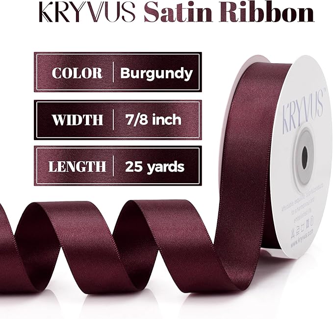 Burgundy Satin Ribbon, Double Faced 7/8 Inch X 25 Yards, Premium Satin Ribbon for Gift Wrapping, Crafts, Hair Bow Making, Sewing, Flower Bouquet, Wedding Party Decor