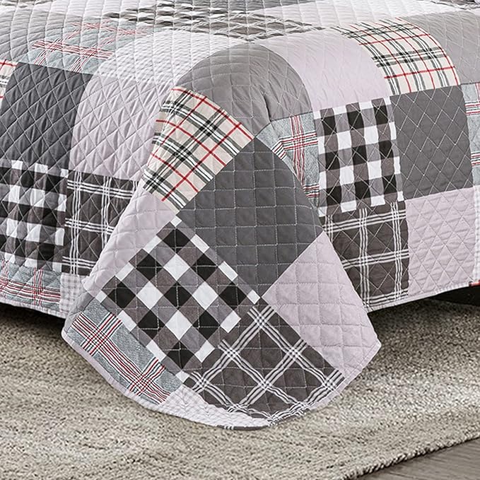 Travan Quilt Set 3-Piece Oversized Quilted Bedspread Coverlet Set Grey European British Grid Patchwork Bedding Set, King Size